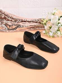 Vintage Mary Jane Ballet Shoes For Women, Square Toe Bow Design, Comfortable Soft Upper Shallow Vamp Slip-On Shoes - Black - View 7