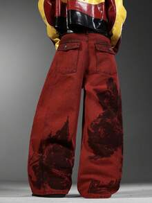 Men's Gothic Street Wide Leg Jeans, Unique Retro Printed Design, Loose Versatile All-Season Long Pants (No Belt & Accessories Included) - Red - View 6