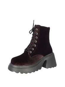Women's Velvet Thick Sole Ankle Boots, Round Toe, Lace-Up Design, Wavy Ruffle Thick High Heel, Vintage Spicy Girl Style, Suitable For Party, Date, Outfit Photography, Street Wear - Burgundy - View 8