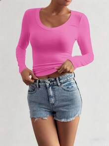 Vaiaye Women's Fitted V-Neck Sexy Long Sleeve Y2K Knit Top, Spring/Summer Solid Color V-Neck T-Shirt, Suitable For Valentine's Day - Rose Pink - View 9