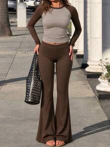 GLAMSKIN Fall Winter Women 2 Pieces Set ,Striped Raglan Long Sleeve Crop Top&High Waist Flared Pants 2 Pieces Outfit,Casual Slim Fit Matching Set - Brown - View 7