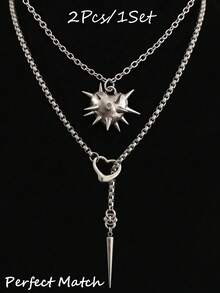 1pc Silver Thorn Heart Pendant Necklace, Metallic Chic Punk Style, Suitable For Men And Women, For Daily Wear, Parties, Music Festivals, Concerts - Silver - View 12