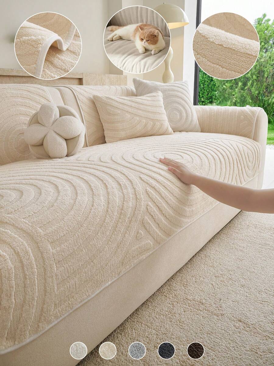 1PC Cream Style Sherpa Fleece Anti-Slip Pet-Friendly Dirt-Proof Sofa Pad, Suitable For Living Room Bedroom Room Sofa Decoration, Protector Cover Pad, Machine Washable - Multicolor - View 1