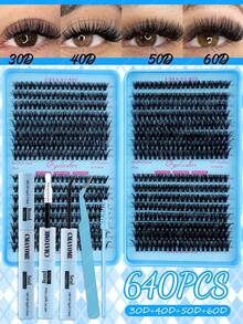 640片裝自然感DIY睫毛簇（10D、20D、30D、40D混和濃密度，10–16mm）– 手工睫毛接片，適用於日常妝容、漫畫風造型與Cosplay。禮盒內含睫毛簇、單根睫毛與假睫毛 - 彩色 - 查看 12