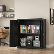 SONGMICS Stahlschrank mit 2 Türen, abschließbar, 5 verstellbare Ablagen, Aufbewahrungsschrank für Büro, 80 x 40 x 90 cm - Matt-Schwarz - Übersicht 2