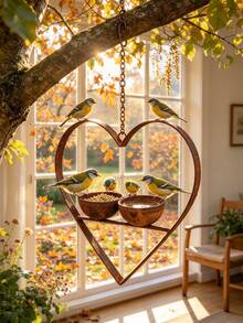 1pc Rusty Metal Heart-Shaped Bird Feeder With Dual Bowls, Vintage Distressed Bird Food And Water Dispenser, Hanging Design Suitable For Trees And Backyard Gardens, European Courtyard Landscape Country Style Outdoor Decor - Multiple Styles - View 11