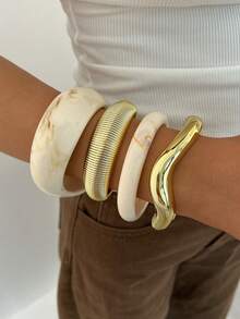 4pcs/1pc Vintage Minimalist Punk Style Women's Acrylic And CCB Textured Bracelet Set, Suitable For Dating, Vacation, Gift, Party, Daily Wear, Stackable, Perfect Choice - Gold - View 1