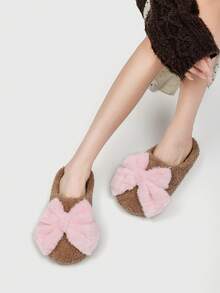 Sweet Cute Macaron Color Oversized Plush Bow Warm Soft Bottom Women's House Slippers Floor Socks - Coffee Brown - View 3