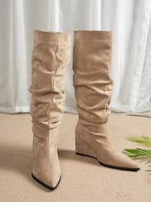 Women's Pointed Toe Tall Boots 2026 Autumn New Arrival Hot-Selling Slouch Boots Height-Increasing Versatile Fashion Slim-Fit Boots Side Zipper Holiday - Apricot - View 5