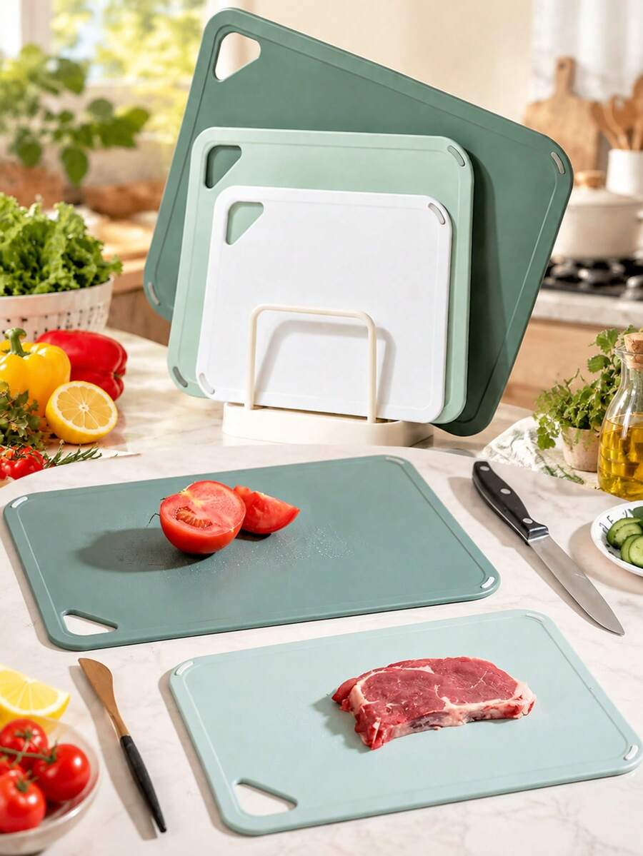 3-Piece Plastic Kitchen Cutting Board Set, Multiple Sizes, Non-Slip, Suitable For Cooking, Portable For Camping, With Handle, Sage Green - Multicolor - View 1