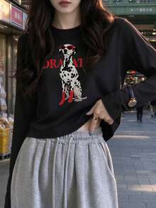 Korean Style Cool Black Short Long Sleeve Dalmatian Print Slim Fit Early Autumn Sexy Crop Top - Black - View 1