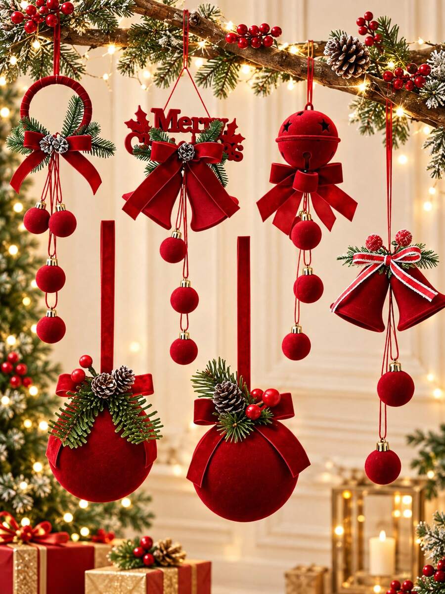 Christmas Ornaments Set, Multi-Shape Hanging Decorations With Bow Pine Cone Berry, Christmas Tree Pendant Xmas Holiday Home Party Decor, Assorted Styles Available, Christmas Gift - Multicolor - View 1