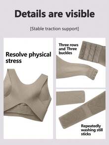 1pc Front-Closure Seamless One-Piece Back-Smoothing 3-In-1 Tank Top With Removable Pads For Sports And Casual Wear, All Seasons Summer - Khaki - View 6