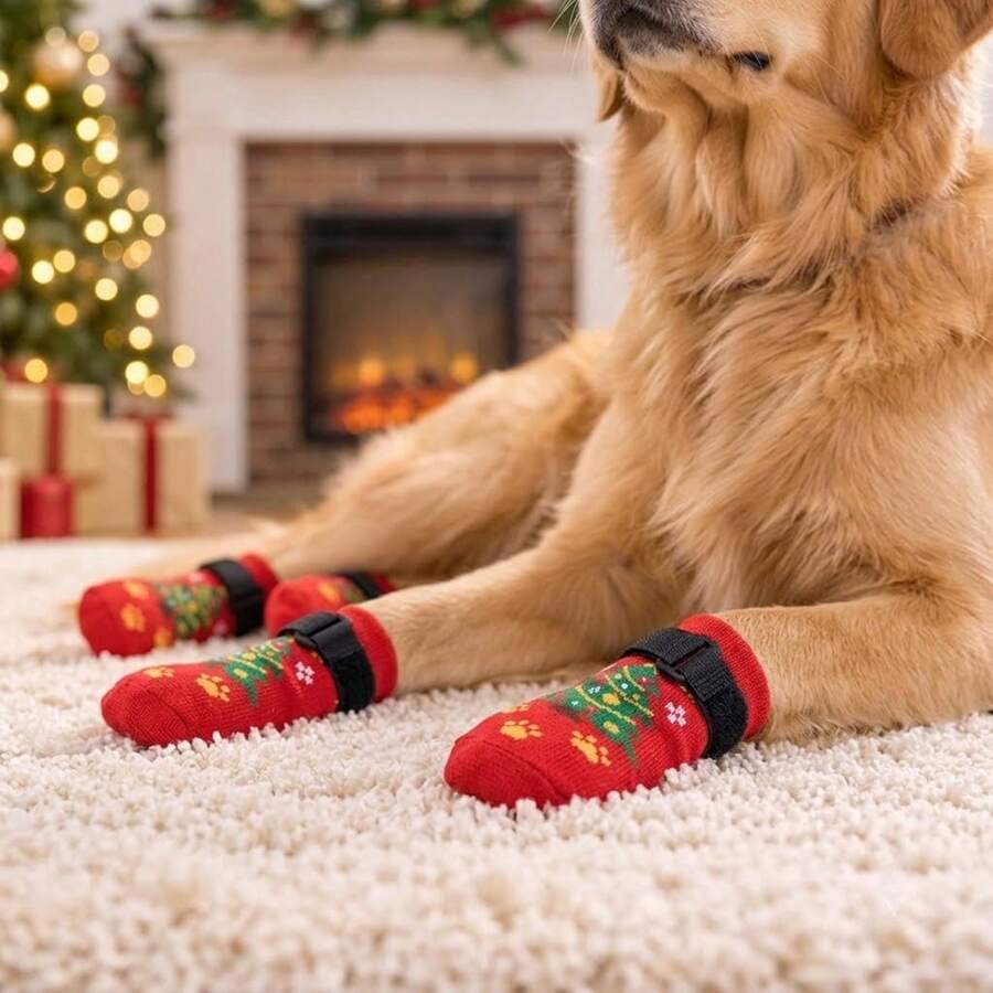 4 Pairs Christmas Tree Pet Anti-Slip Socks, Small And Medium Dog Socks With Straps, Holiday Paw Protection Covers