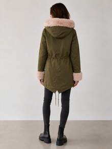 Women's 2-In-1 Winter Parka With Fixed Hood, Fur Lining, Detachable Fur Cuffs, Zip And Snap Fastening, Drawstring Waist, Winter - Army Green - View 3