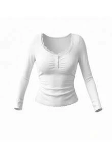 Women's U-Neck Long Sleeve T-Shirt, Spring/Autumn New Fashion Lace Trim & Ruffle Design, Slim Fit Cropped Button-Up Top - White - View 3