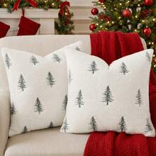 1pc (Pillow Insert Not Included) Christmas Decorative Pillow Case, Faux Fur Throw Pillow, Embroidered Christmas Tree Pattern, 18x18 Inch, White & Red, Winter Sofa Cover, Suitable For Holiday Sofa, Bedroom, Living Room Home Decor - White and Green - View 1