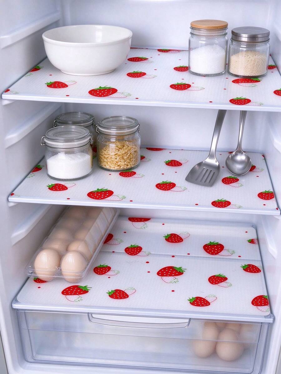 4 Reusable Refrigerator Pads - Bow Print, Drawer Lining, Moisture-Proof Pad, EVA Material Suitable For Refrigerator And Kitchen Decoration (Non Self-Adhesive), Kitchen Essentials/Tools/Supplies/Accessories, Christmas, Kitchen Accessories - Strawberry Pattern - View 1
