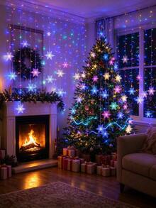 Christmas Snowflake LED Curtain String Lights, Multicolor Icicle Lights, USB Powered With Remote, 8 Modes, 5 Light Clips, For Christmas Tree, Party, Wedding & Window Backdrop Decor - Snowflake Curtain Lights - View 11