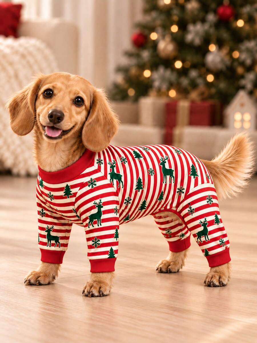 1pc Christmas Dog Pajamas, Red And White Candy Cane Striped Four-Legged Pet Jumpsuit, Printed With Reindeer, Christmas Tree And Snowflake Patterns, Ribbed Cuffs, Suitable For Small To Medium Dogs And Puppies Holiday Sleepwear, M/L Size - Multicolor - View 1