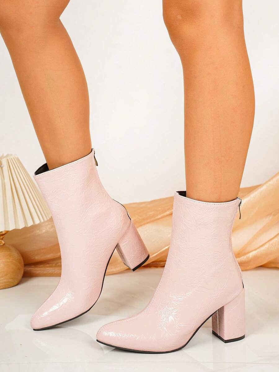European And American Style Sexy Pointed Toe Chunky Heel Slimming Ankle Boots For Women, New Autumn/Winter Fashion High Heel Ankle Boots With Back Zipper - Pink - View 1