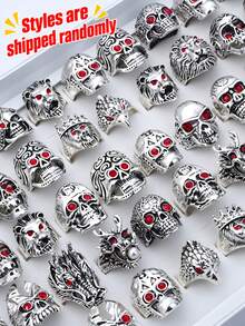 2/10/30pcs/Set Random Design Random Size Red Diamond Eye Skull Finger Ring Set For Men Daily Wear - Multicolor - View 7