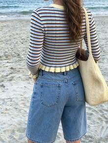 SEREN Spring New Striped Colorblock Round Neck Button Cardigan Long Sleeve Knit Sweater, Slim Fit Ruffle Long Sleeve Knit Sweater - Light Yellow - View 11