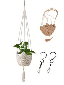 Bohemian Style Lace Plant Hanger With Tassels, Made With Rope Crochet Craftsmanship. Suitable For Indoor And Outdoor Gardens, Indoor Decor. Textured Lace Wall Basket With Hanging Hook - Multi-color - View 13