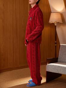 Gongdie Disney 2 Pieces Matching Couple Christmas Flannel Pajama Set For Men,Red Holiday PJs Fleece Loungewear With Pocket - Red - View 7
