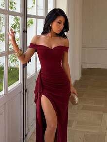 Summer Elegant Solid Color One-Shoulder Side Slit Hem Wedding Guest Dress, Suitable For Halloween, Christmas, Misunderstanding, Birthday, Party, Beach, Vacation - Burgundy - View 2