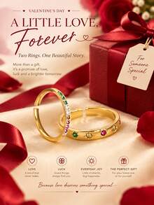 rundraw 2pcs/Set Colorful Cubic Zirconia Gold-Tone Waterproof Star Rings Set, Jewelry Gift - Gold - View 5