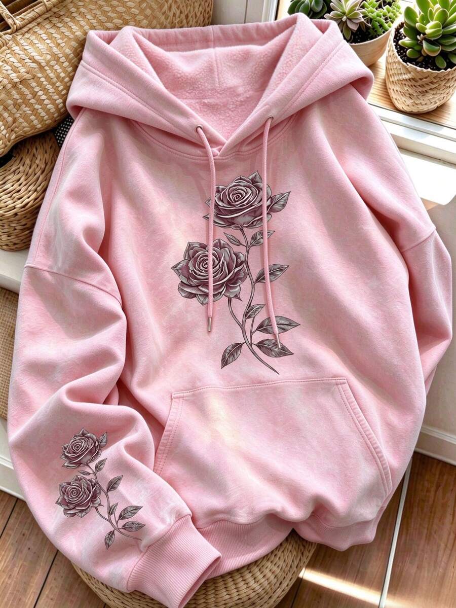 Vintage Floral Rose Pattern Women's Loose Washed Sweatshirt, Long Sleeve Drawstring Kangaroo Pocket, Casual Pullover Sweatshirt - Pink - View 1