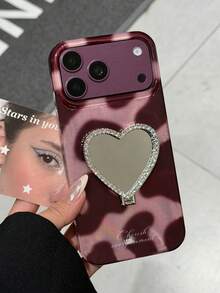 New Burgundy Leopard Print Heart Mirror Stand Phone Case For IPhone 18 Pro Max 18 Pro 17 Pro Max 16 Pro 15 14 13 12 11 Pro Max Premium Shockproof Protective Cover - Burgundy - View 1