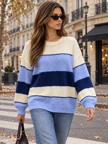 Women's Striped Drop Shoulder Knit Sweater Long Sleeve Round Neck Pullover Top For Fall & Winter Daily Wear - Multicolor - View 5