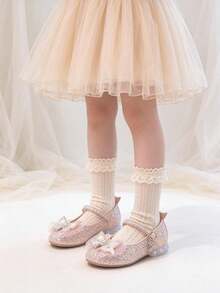 Girls' Pink Mary Jane Shoes, Mesh Rhinestone Bow & Fish Tail Decor, Single Strap Design, Princess Style Non-Slip Low Heel Leather Shoes - Pink - View 2