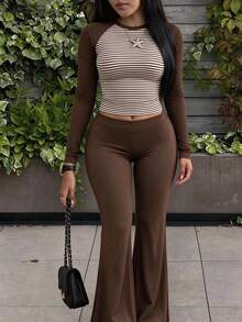 GLAMSKIN Fall Winter Women 2 Pieces Set ,Striped Raglan Long Sleeve Crop Top&High Waist Flared Pants 2 Pieces Outfit,Casual Slim Fit Matching Set - Brown - View 11