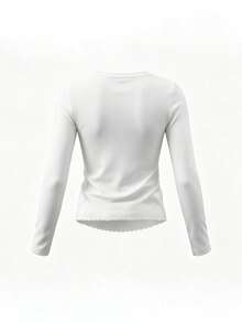 Women's U-Neck Long Sleeve T-Shirt, Spring/Autumn New Fashion Lace Trim & Ruffle Design, Slim Fit Cropped Button-Up Top - White - View 4