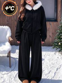 Lurzo 2pcs/Set Teen Girls Y2K Fuzzy Collar Hooded Zip-Up Set, Fuzzy Lining For Heat Retention, Comfortable And Warm, Autumn/Winter Essential - Black - View 1