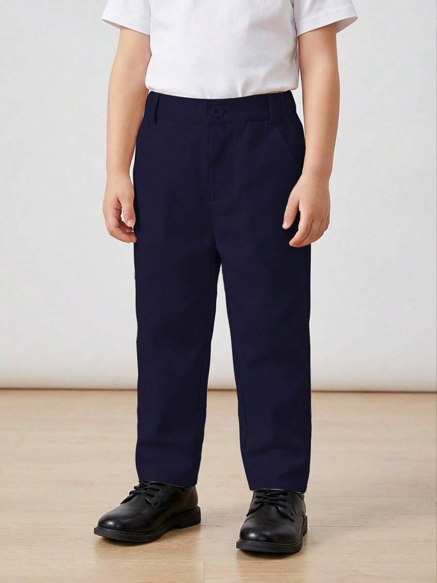 BOARNSEORL Young Boys' Black Elastic Waist Solid Color Casual Comfortable Pants, Versatile For Spring/Autumn Daily Wear - Navy Blue - View 1