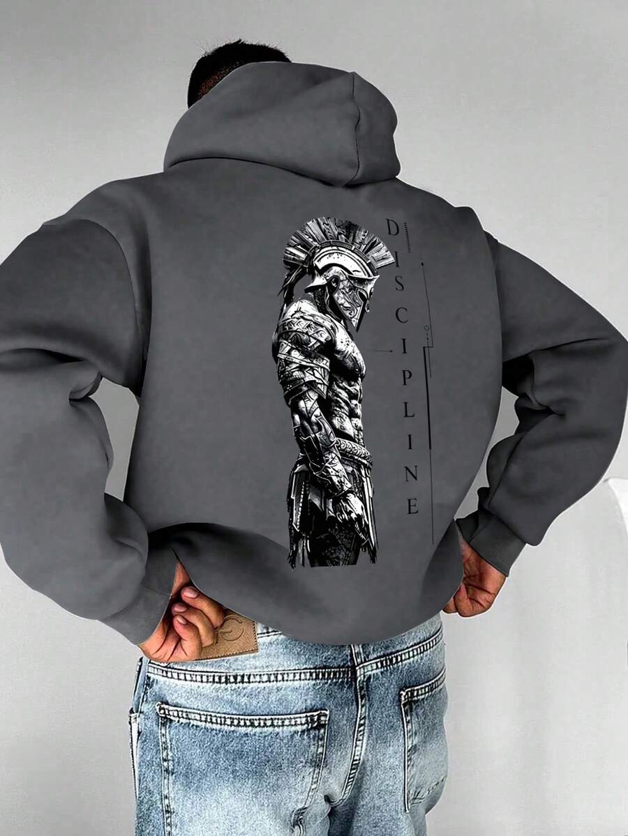 Men's Autumn/Winter Fashion Versatile Warrior Print Kangaroo Pocket Drawstring Hoodie - Dark Grey - View 1
