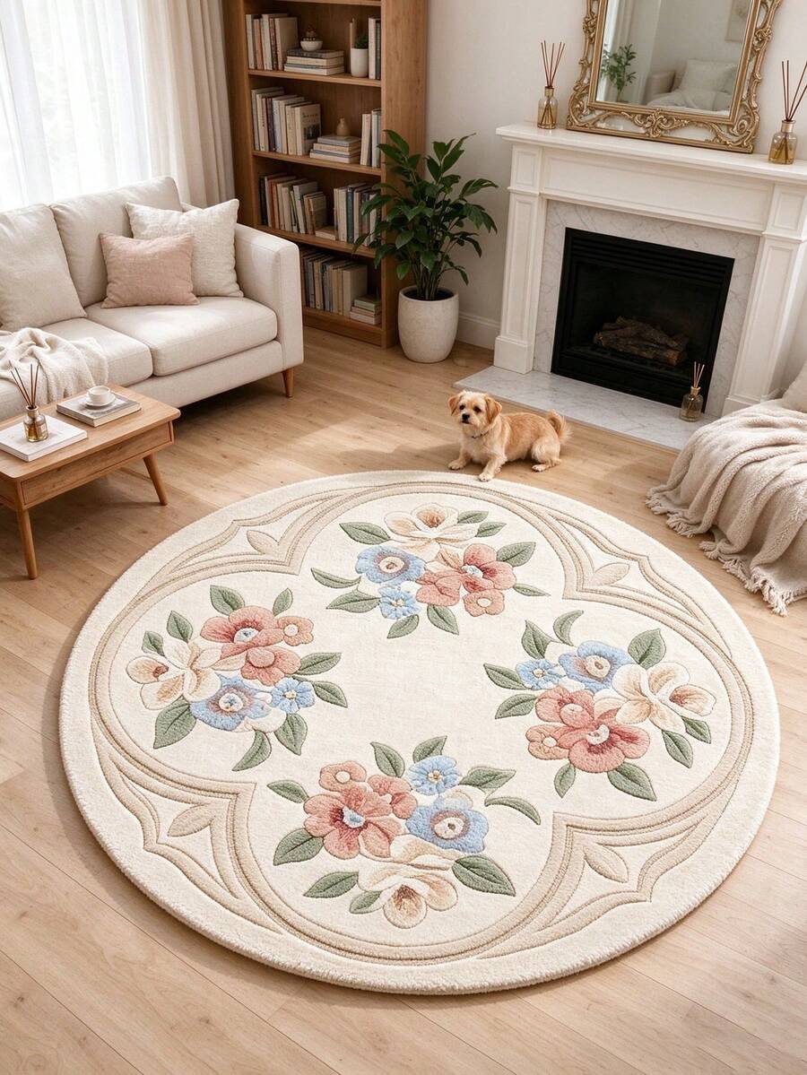 1pc 4-Cluster Floral Round Rug, Decorative Carpet, Floor Mat, Living Room Carpet, Bedroom Carpet, Door Mat, Round Carpet - Multicolor - View 1