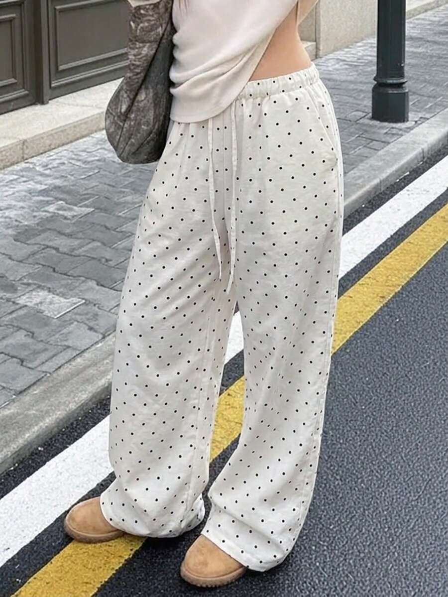 女款白色波點印花抽繩腰寬腿褲,復古Y2K時尚波希米亞外出風,休閒口袋長褲,適合秋冬 - 白色 - 查看 1