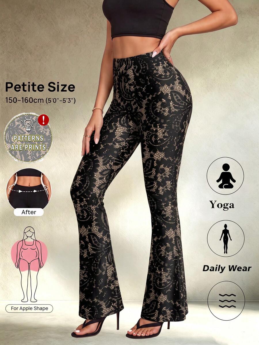 Small Size Flare Pants, Faux Lace Print, Tummy Control Design, Apple-Shaped Body, Elastic Yoga Pants, Daily Wear, Autumn Outfit