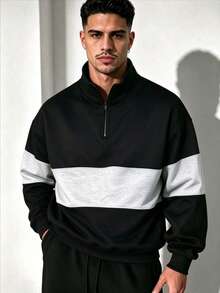 ZYNTH BALENO Men's Autumn/Winter Patchwork Loose Drop Shoulder Zip-Up Polo Collar Sweatshirt, Suitable For Sports, Classic Solid Color Long Sleeve - Black - View 3