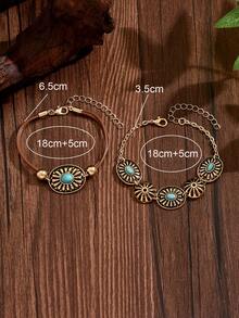 2pcs/Set Western Cowboy Style Brown Velvet Rope With Antique Gold Pattern Turquoise Accessories Double Layer Stacked Bracelet, Vintage Fashion Personalized Women's Jewelry Suitable For Daily Wear, Date, Party And Vacation - Multicolor - View 4