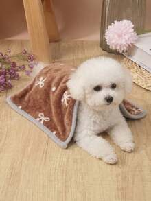 1件珊瑚絨棕色蝴蝶結圖案寵物毯，適合四季使用，適用於小型犬、中型犬和貓，室內使用，柔軟保暖睡眠墊，冬季保暖毯，貓用品狗用品 - 棕色 - 查看 2