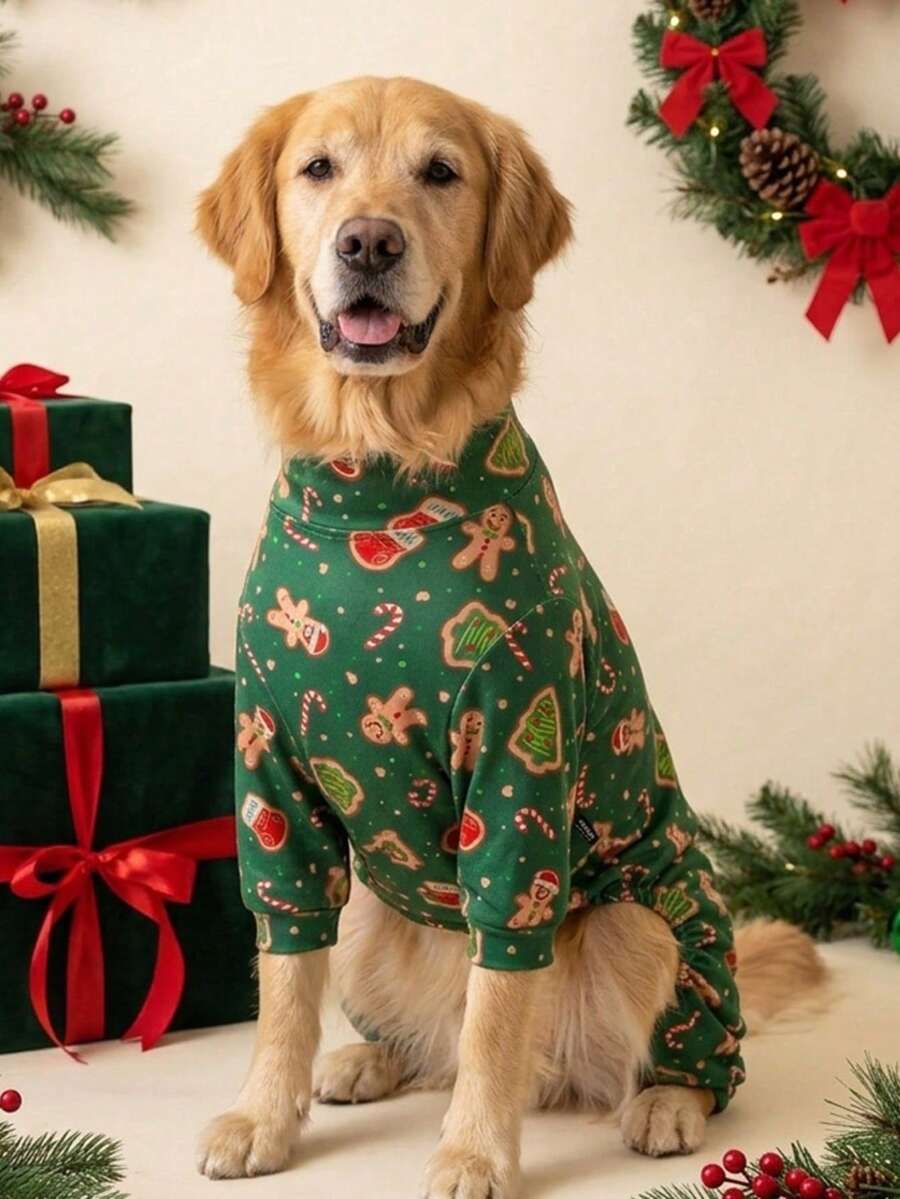 PETSIN 1PC Christmas Dog Pajamas - Soft Warm High-Stretch Full-Coverage Pet Rompers, Anti-Lick & Bug-Protective Jumpsuit For S/M/L Dogs, Christmas Cartoon Print Dog Clothes - Multicolor - View 1
