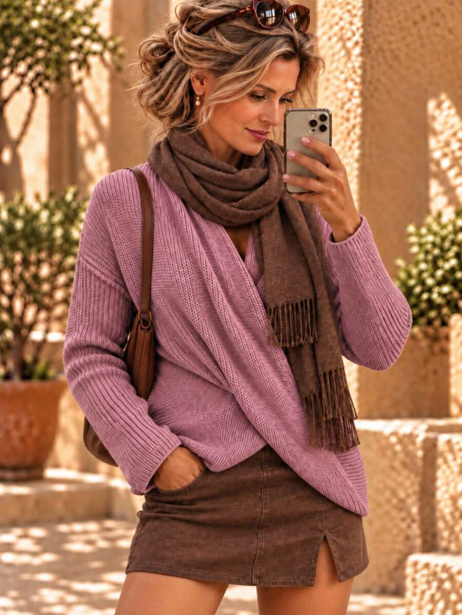 كنزة صوفية نسائية أنيقة بلون موحد بتصميم متقاطع وياقة مكدسة للخريف بأكمام طويلة - وردي - مشاهدة 1