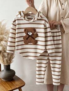 2pcs/Set Young Girl Cute Casual Bear Plush Embroidered Hooded Long Sleeve Top & Striped Long Pants Set, Spring/Autumn - Multicolor - View 1