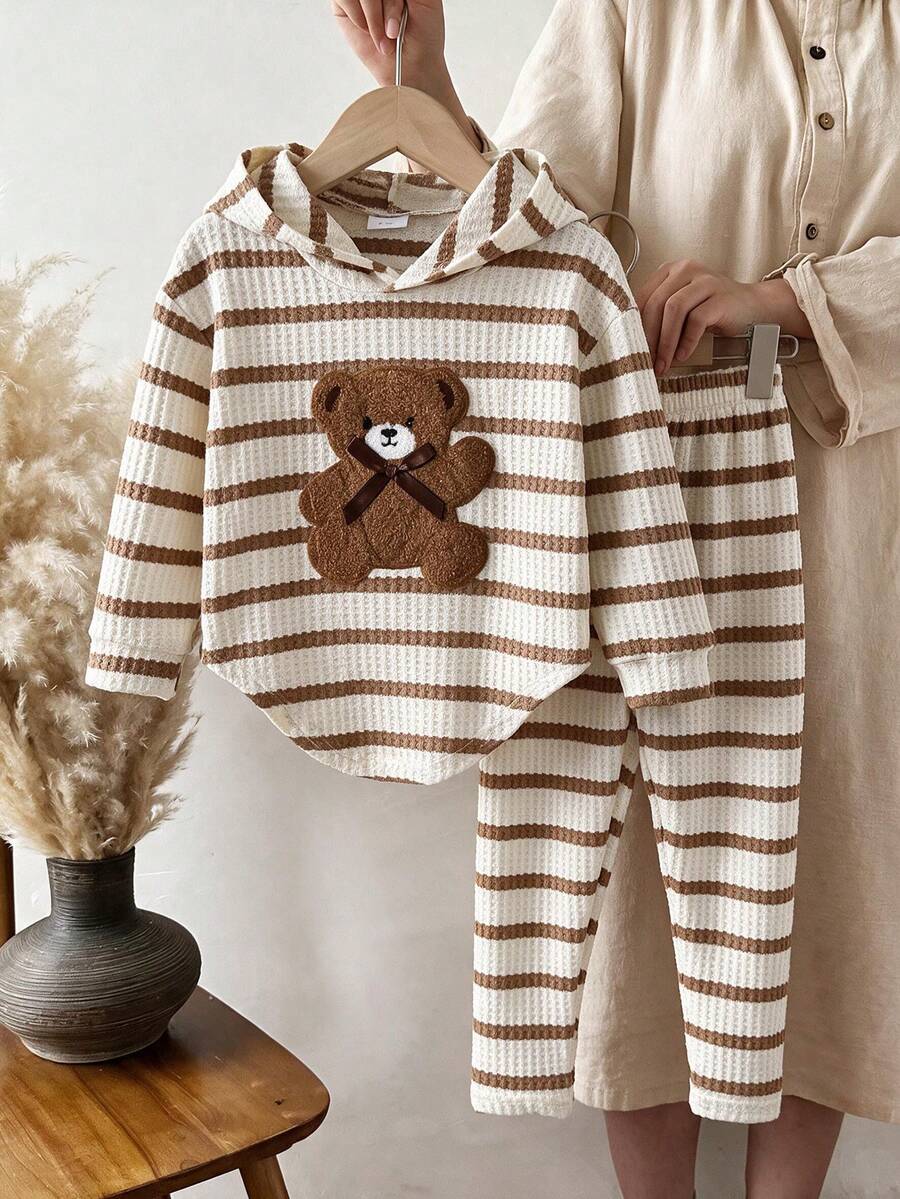 2pcs/Set Young Girl Cute Casual Bear Plush Embroidered Hooded Long Sleeve Top & Striped Long Pants Set, Spring/Autumn - Multicolor - View 1